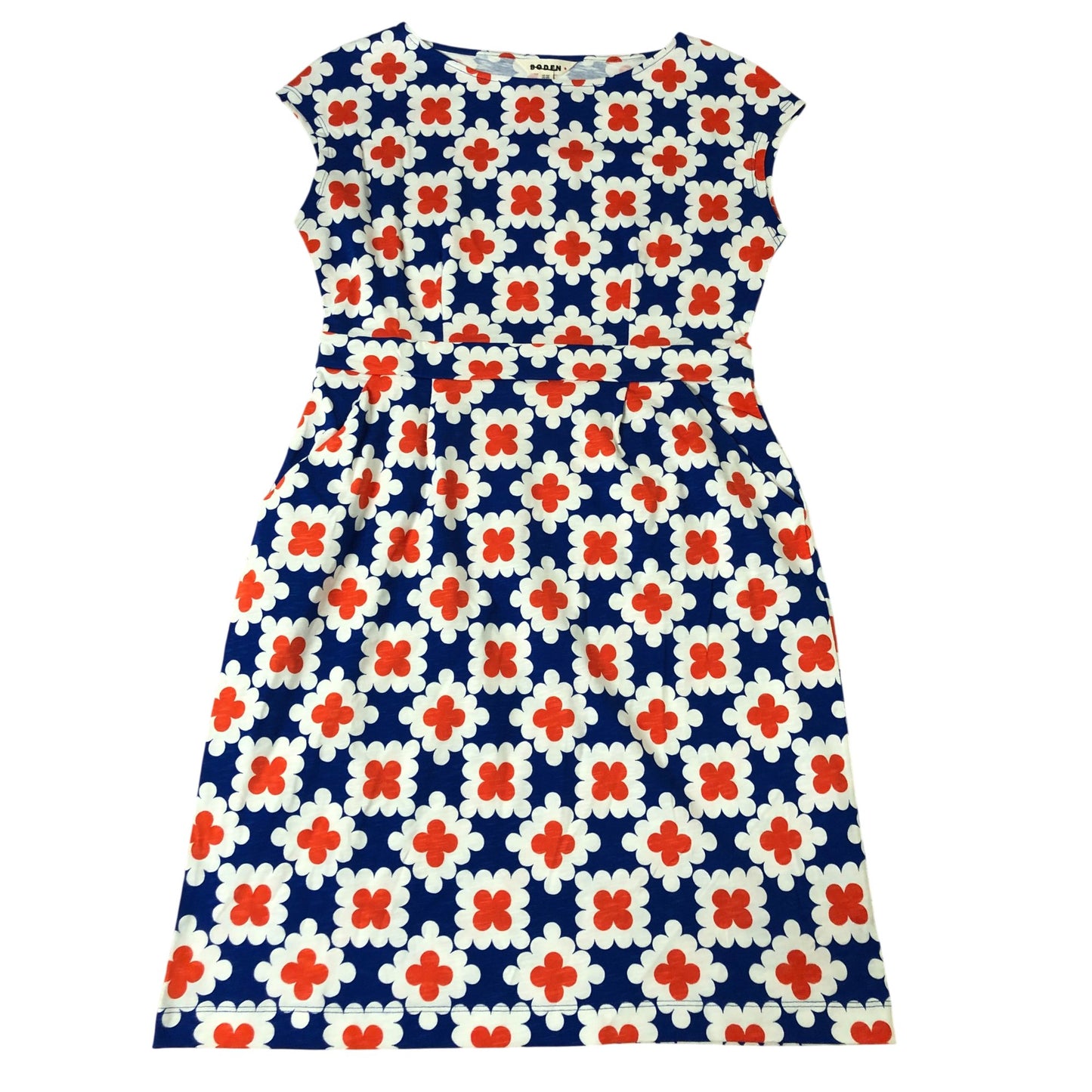 Geometric Print Dress UK14 Women’s Short Sleeve Cotton Blue White Red