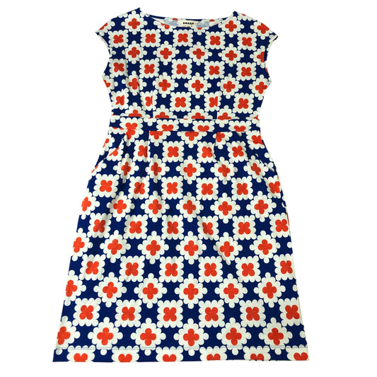 Geometric Print Dress UK14 Women’s Short Sleeve Cotton Blue White Red