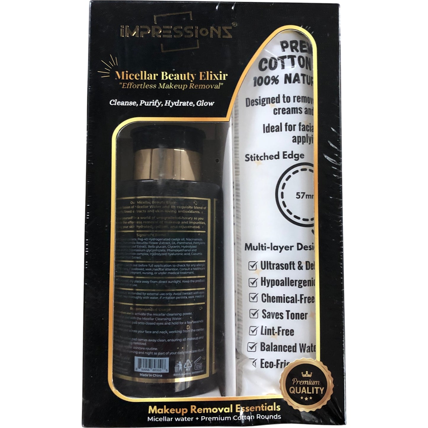 IMPRESSIONS Micellar Beauty Elixir Cleansing 100ml Makeup Removal Cottons Rounds