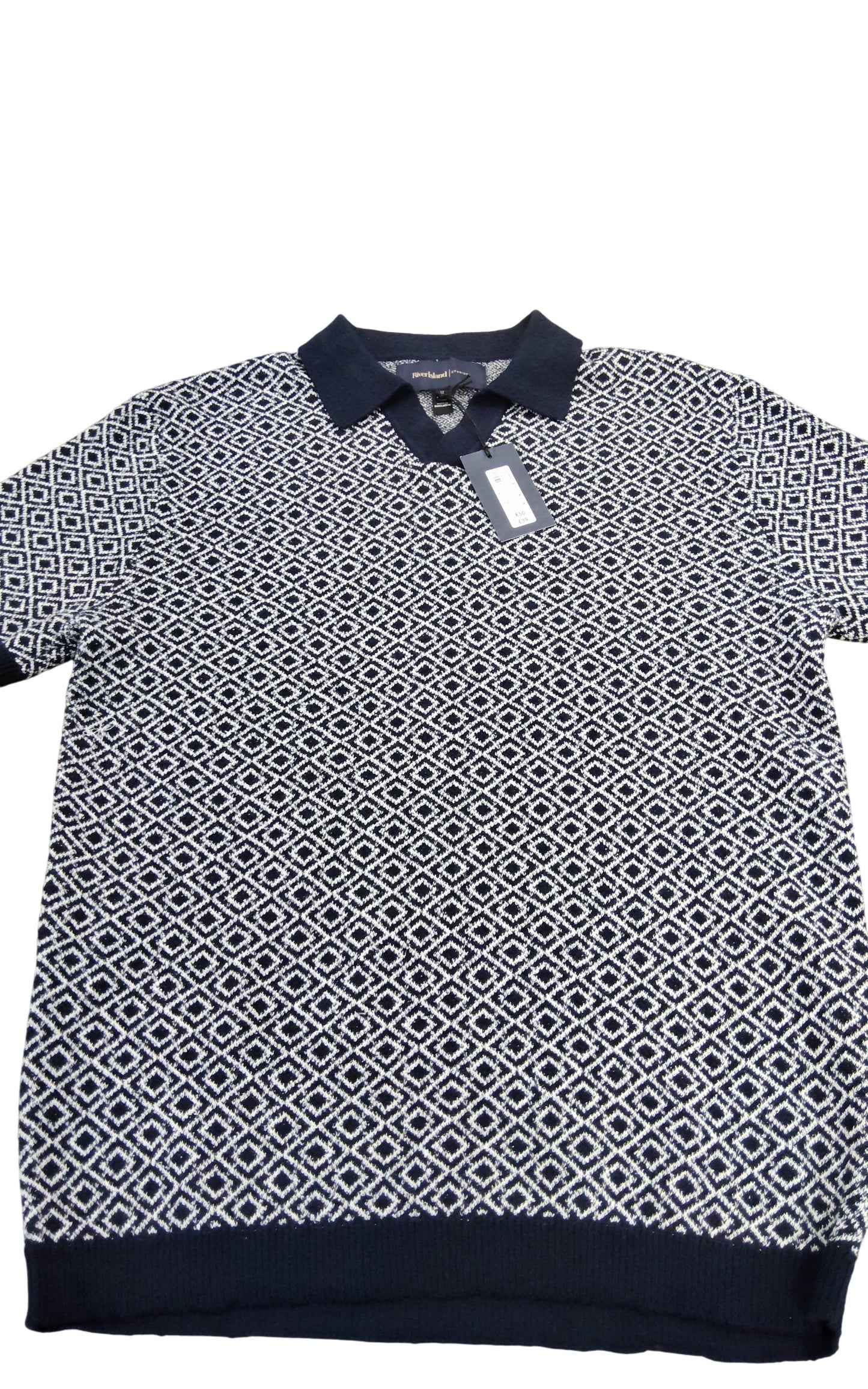 River Island Studios Navy Diamond Pattern Smart Casual Polo Shirt Size M