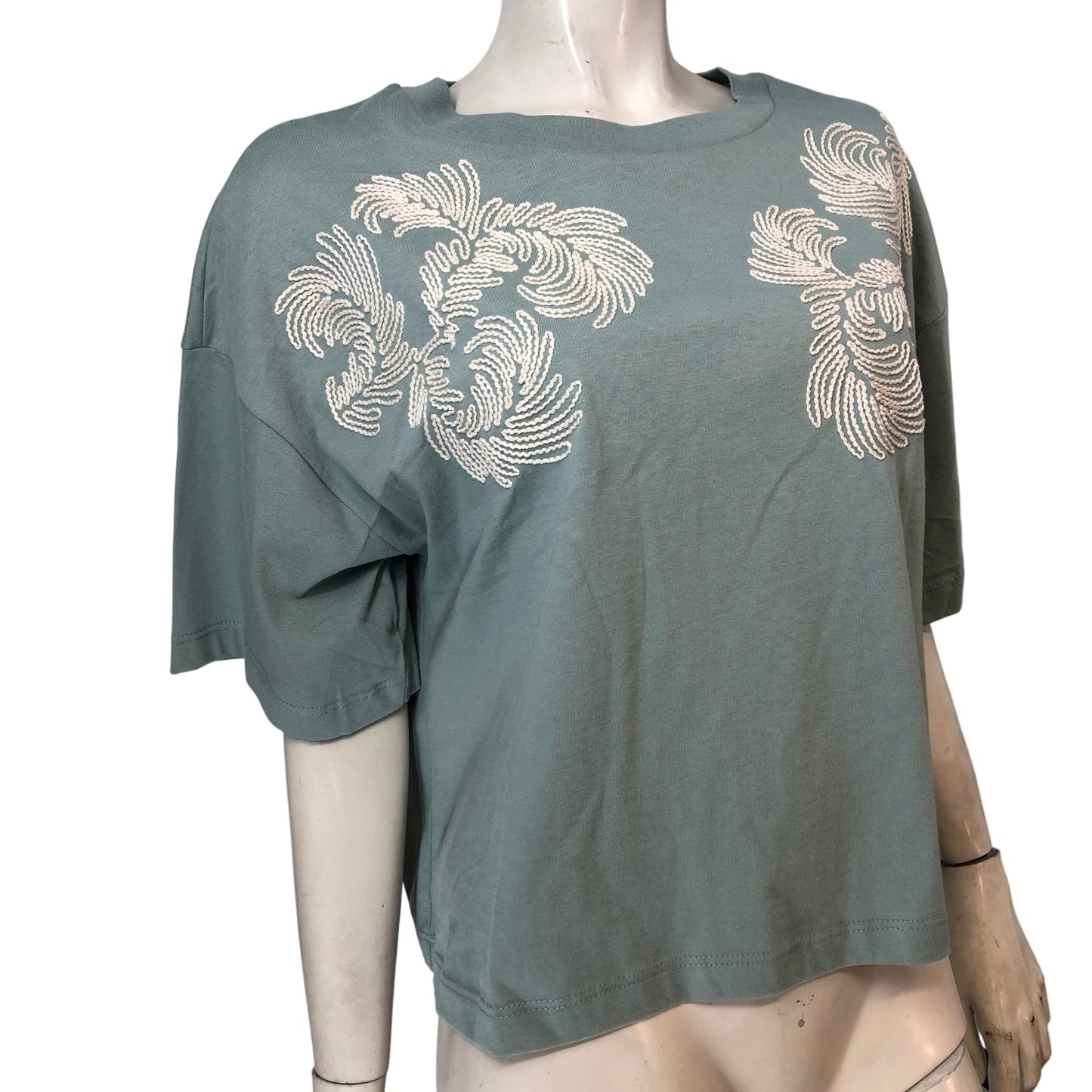 River Island Relaxed Fit Top UK10 Women's Green Cotton Embroidered Short Sleeve
