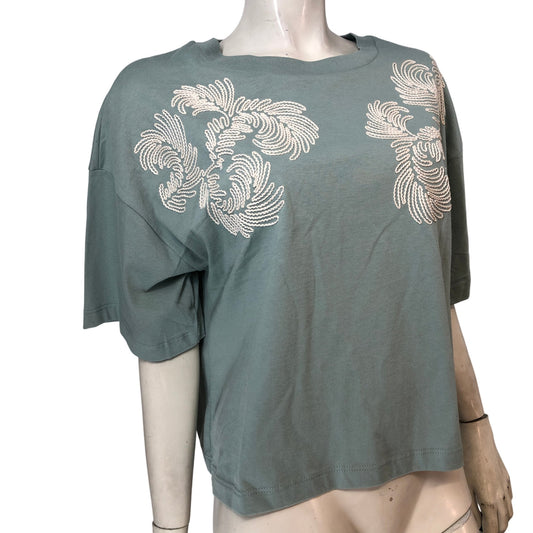 River Island Relaxed Fit Top UK10 Women's Green Cotton Embroidered Short Sleeve