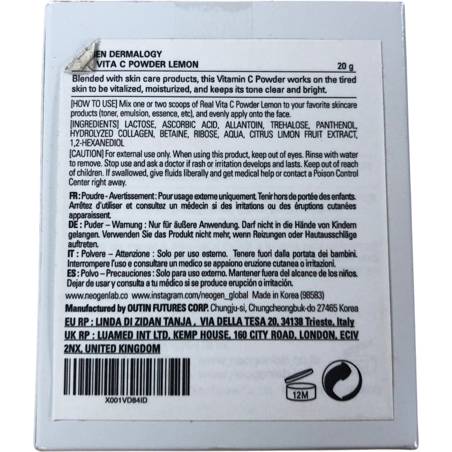 NEOGEN DERMALOGY Real Vita C Powder Lemon Skin Treatment 20g Helps Revitalise
