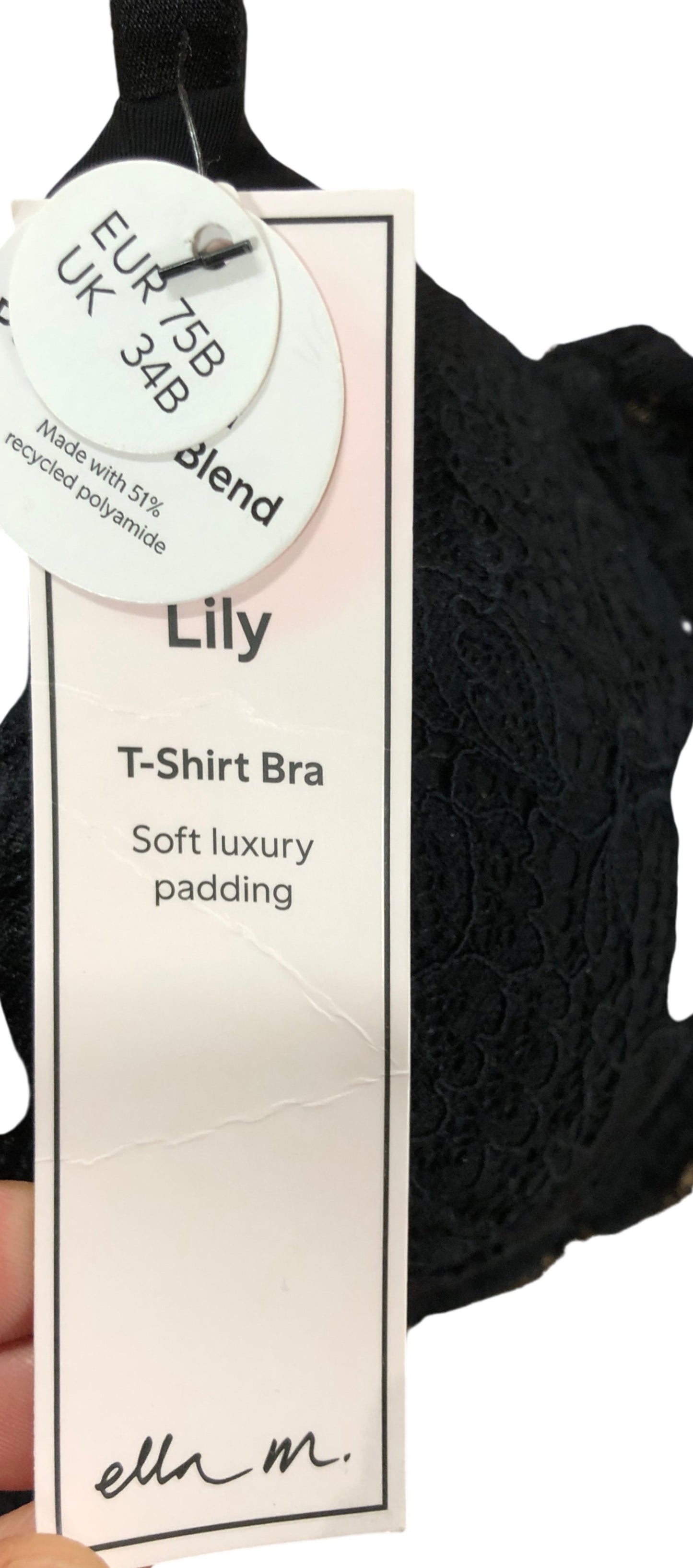 ella M Lily T Shirt Bra UK34B Women's Soft Luxury Lace Black Comfort Padding