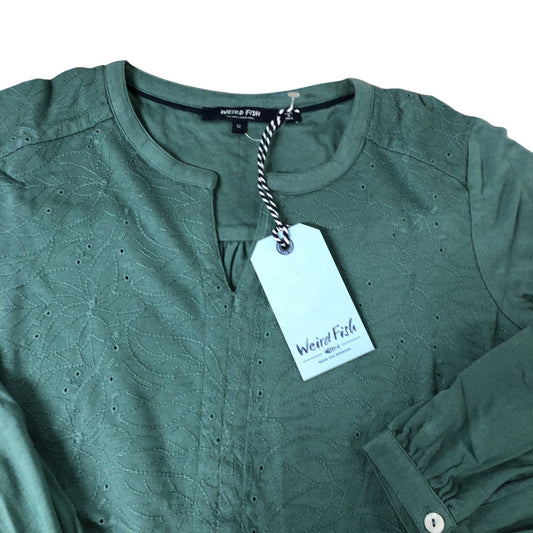 Weird Fish Mabel Organic Cotton Jacquard Top Size 12 Women's Green Long Sleeve