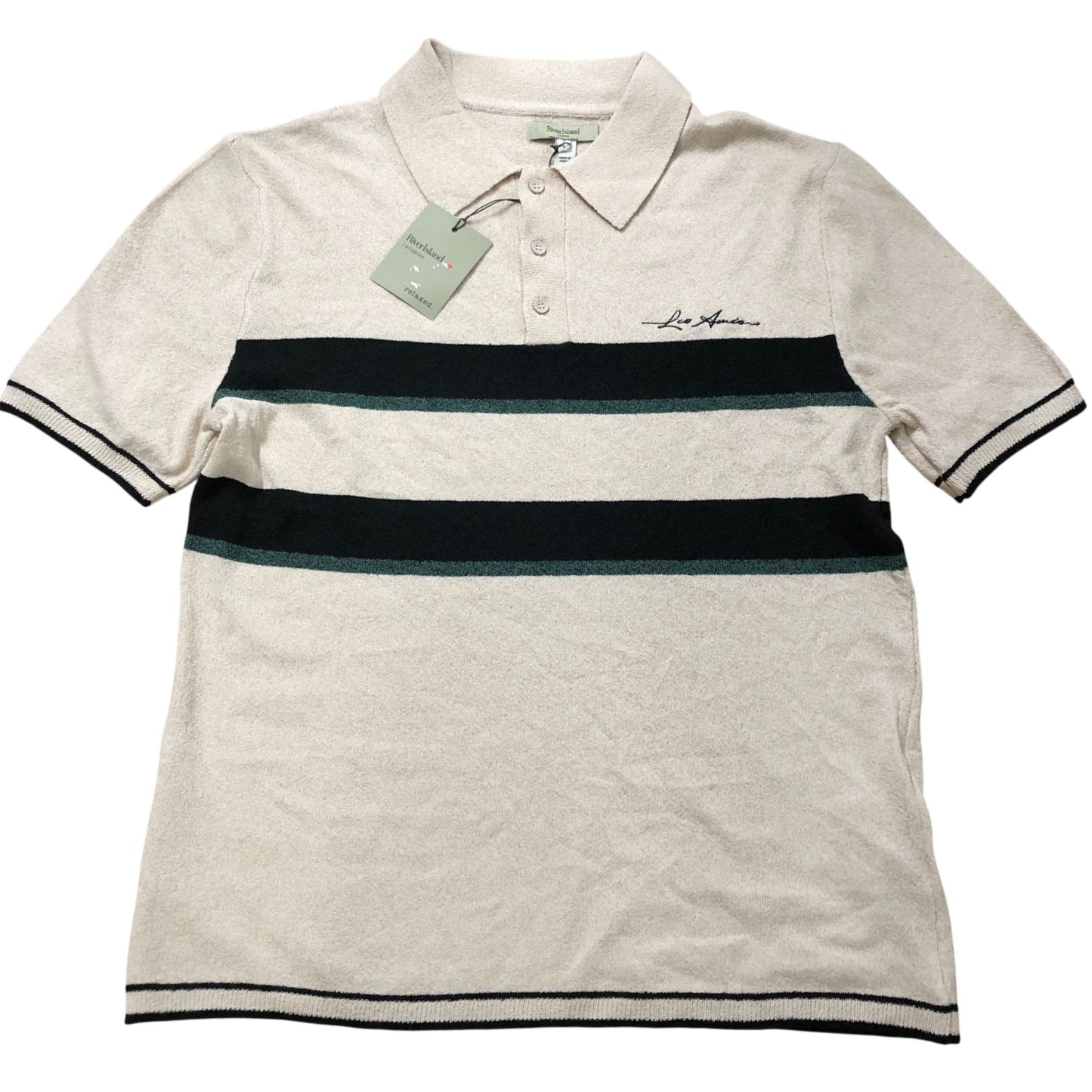 River Island Men's Short Sleeve Polo Shirt Size M Beige Green Stripes