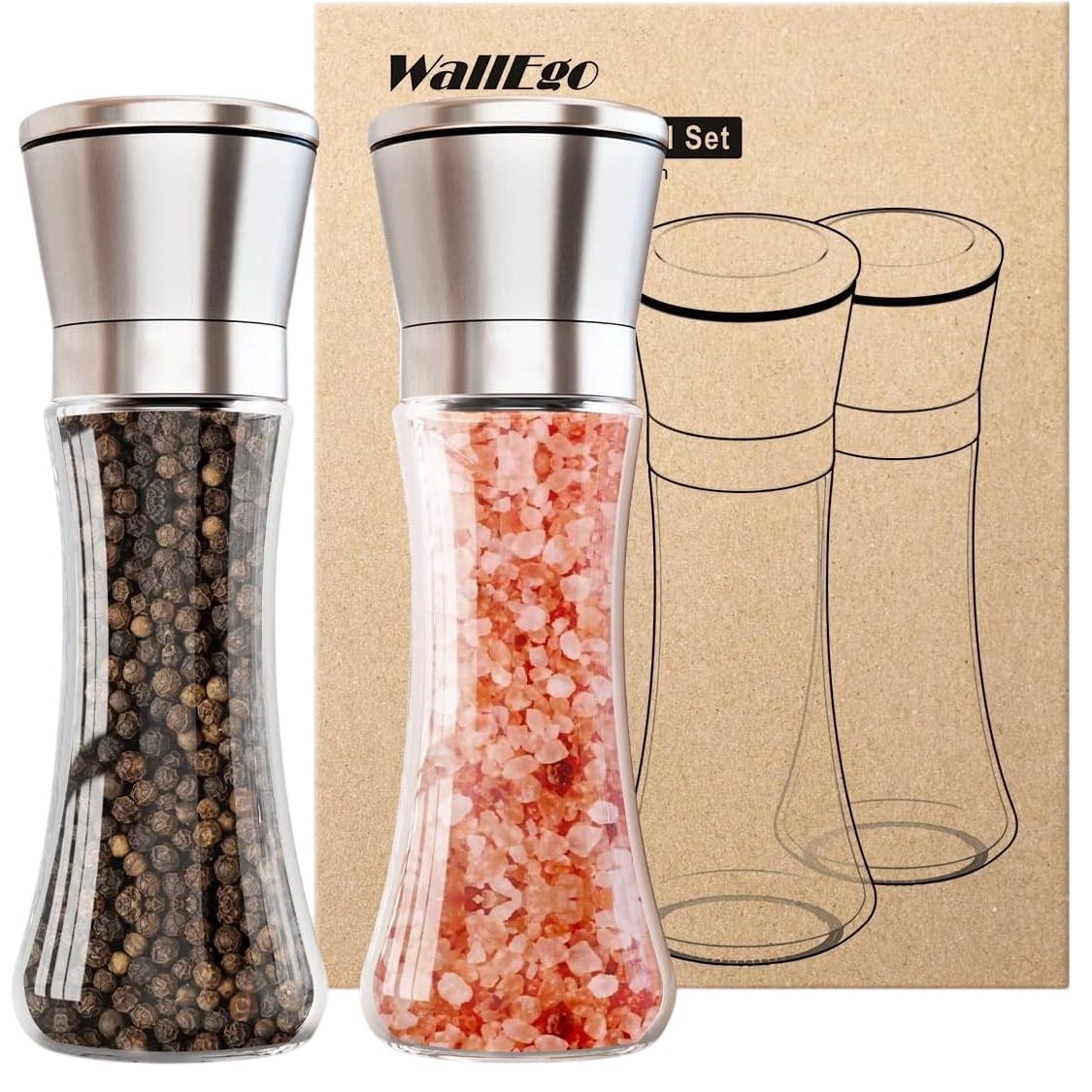 WallEgo Salt And Pepper Mill Set Adjustable Coarseness Glass And Stainless Steel