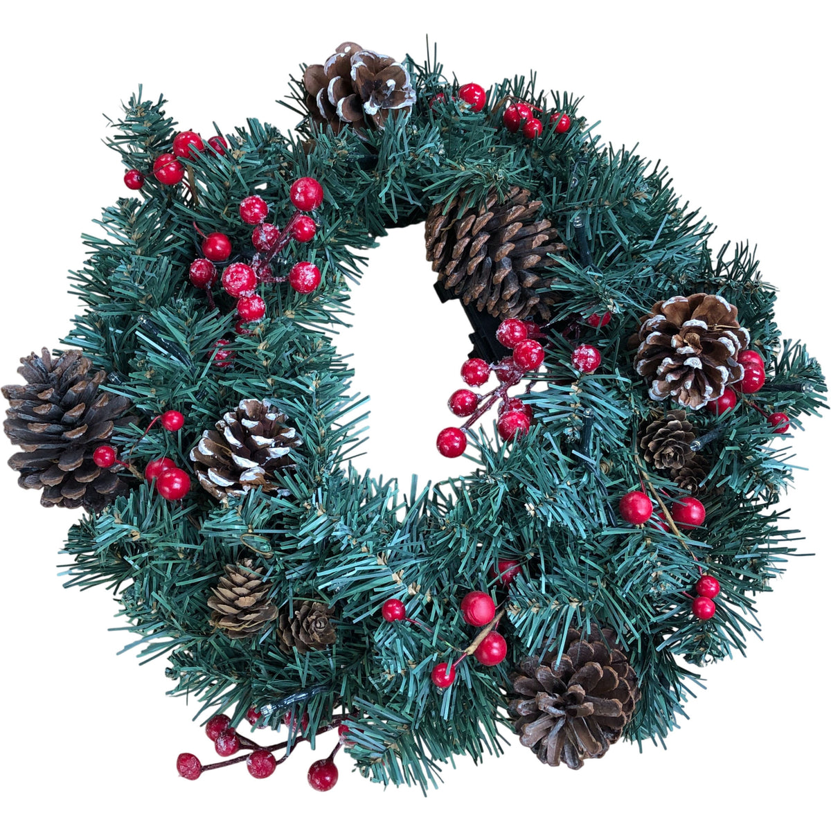 Lit Festive Green Wreath With Pine Cones And Red Berries 12"