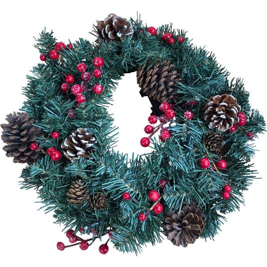 Lit Festive Green Wreath With Pine Cones And Red Berries 12"