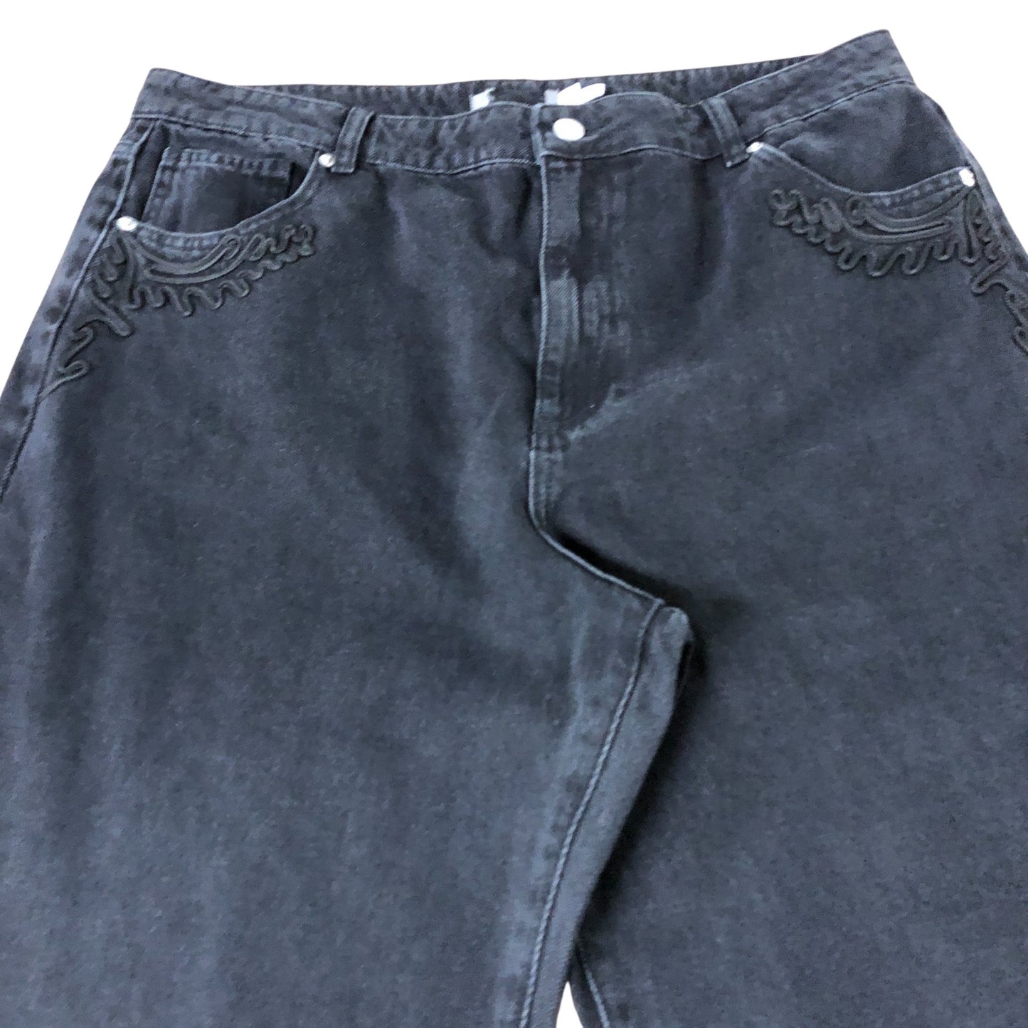 Branded Black Embroidered Wide Leg Jeans - Size 16L