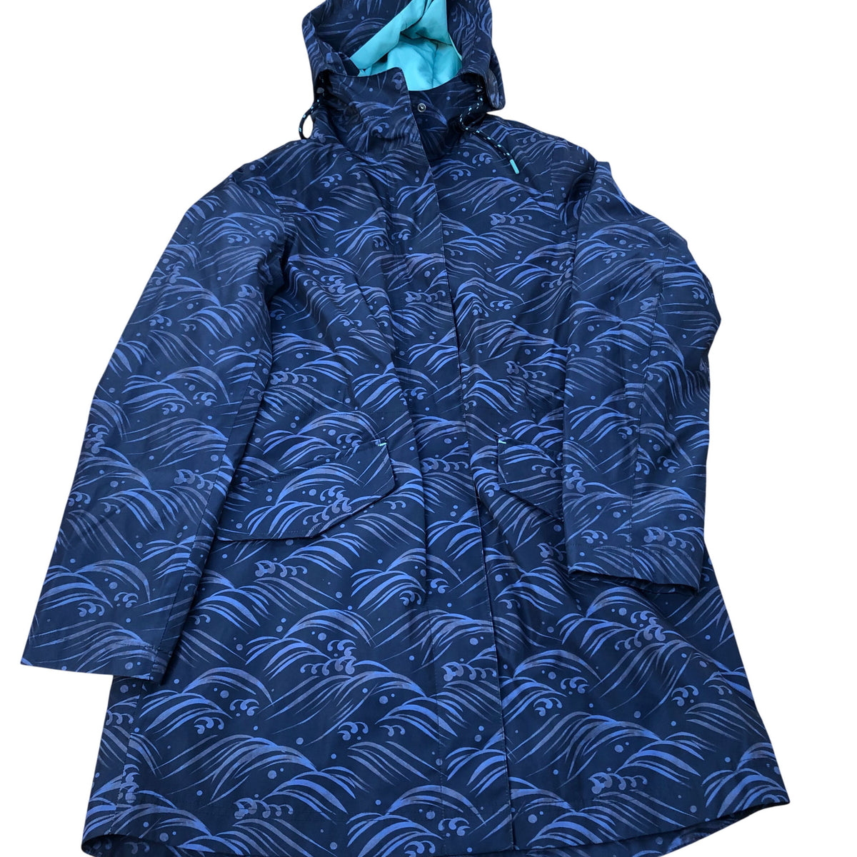 Women's Waterproof Jacket Size S Navy Blue Wave Pattern Outdoor Coat