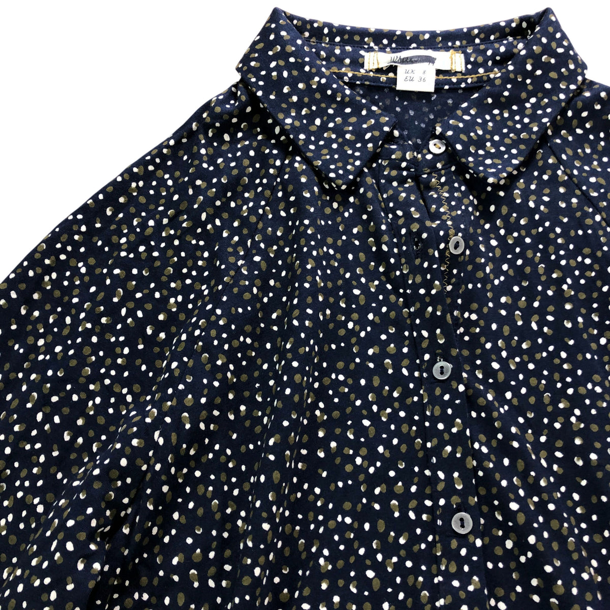 Navy Multi Spot Print Button Front Midi Dress Size UK8 Women's