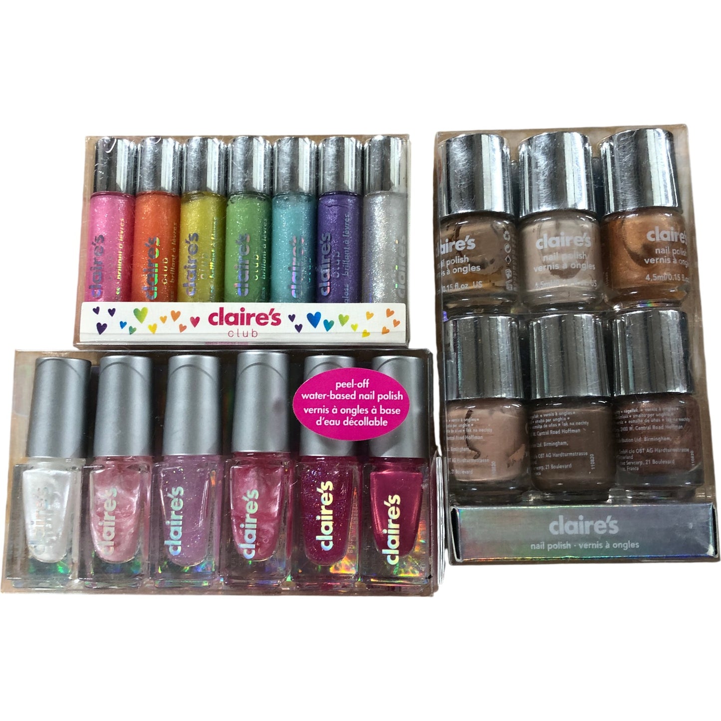 Claire's Lip Gloss & Nail Polish Set Water Based Peel Off Glitter Shades Nudes
