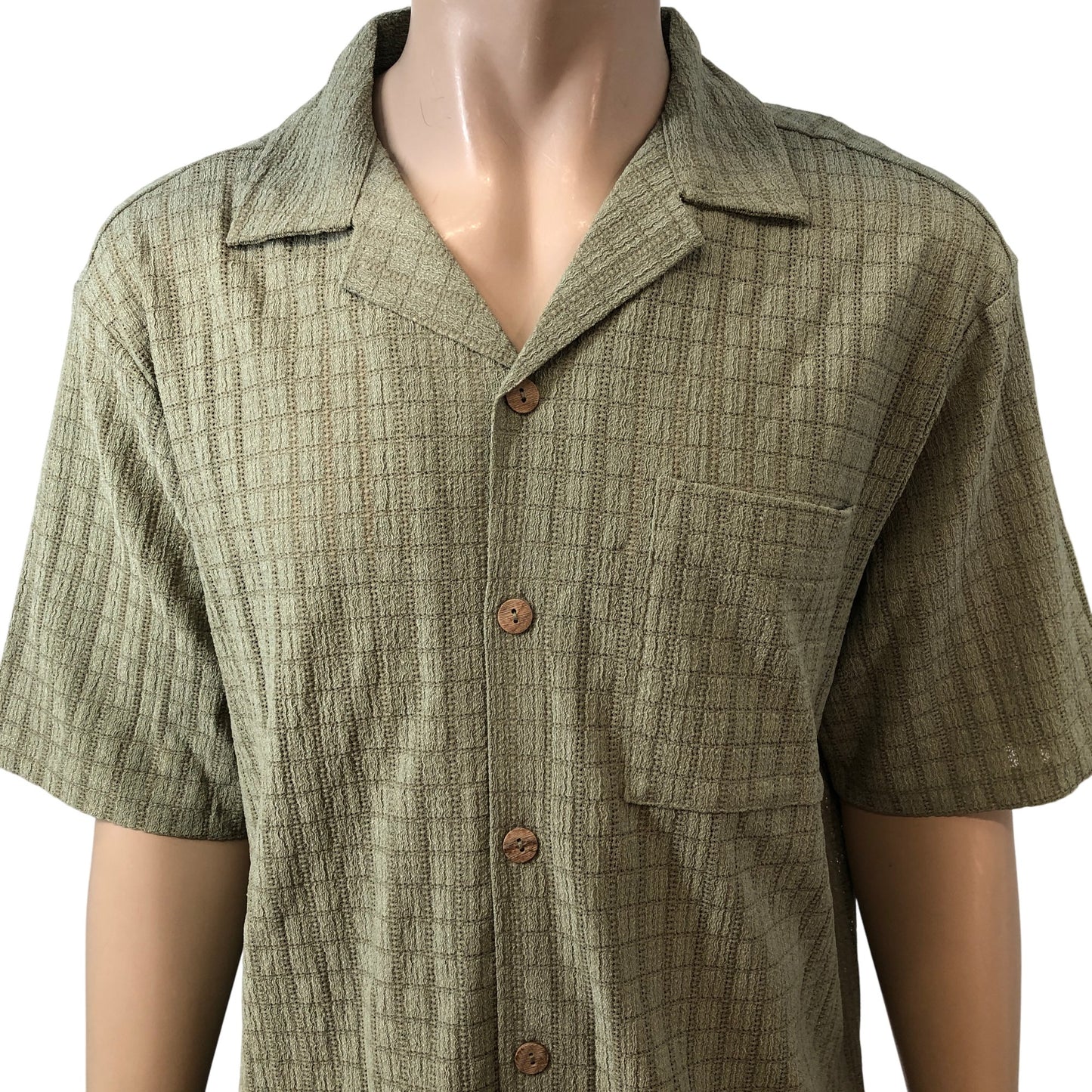 River Island Studio Khaki Short Sleeve Shirt Size M Men's Textured Fabric