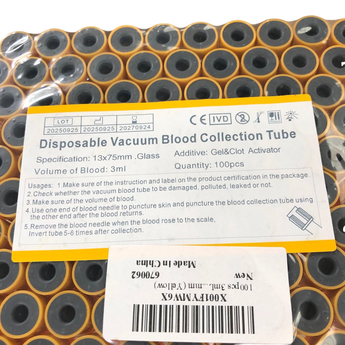 Disposable Vacuum Blood Collection Tube 13x75mm with Gel and Clot Activator 100P