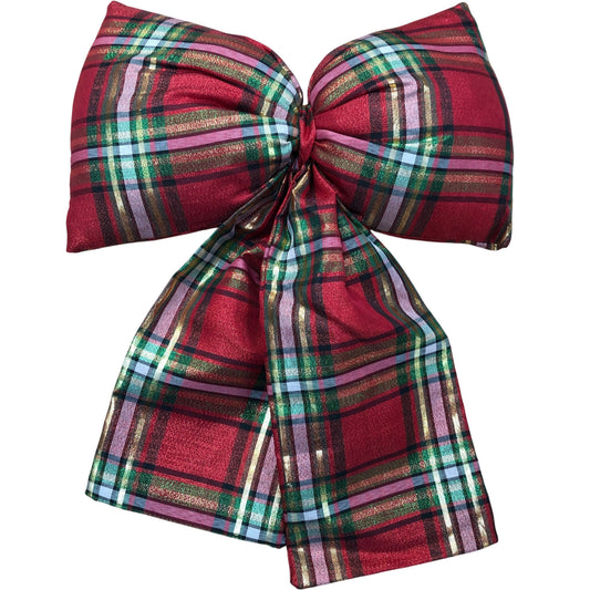 Set of Decorative Holiday Christmas Door Bows Green Satin & Red Plaid
