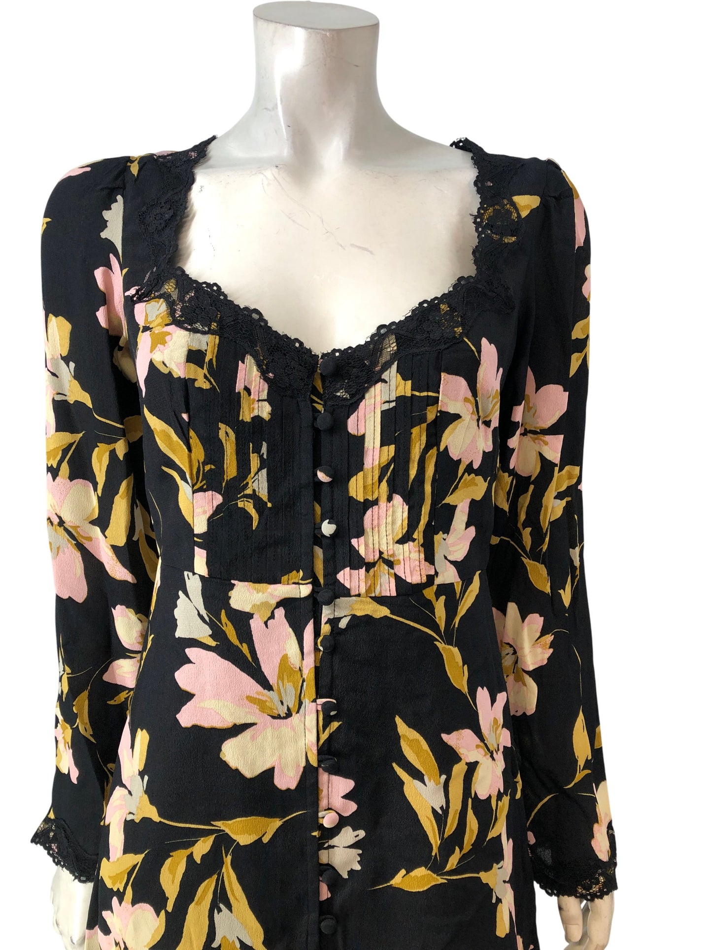 River Island Floral Dress UK8 Women's Black Yellow Pink Long Sleeve Lace