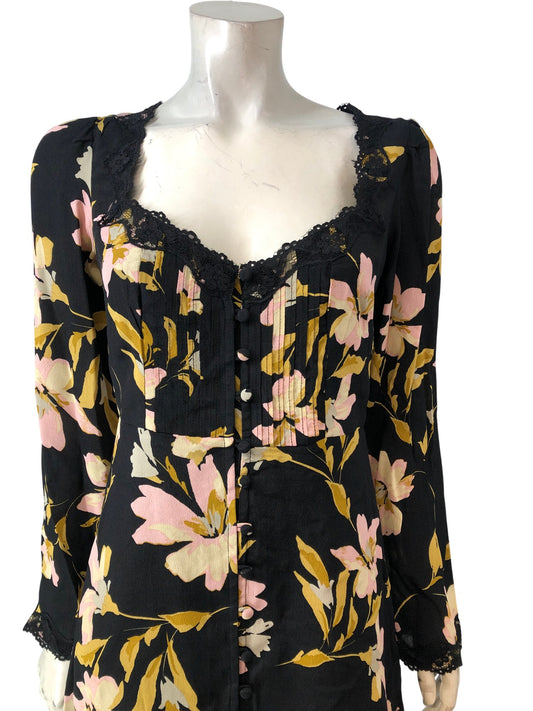 River Island Floral Dress UK8 Women's Black Yellow Pink Long Sleeve Lace