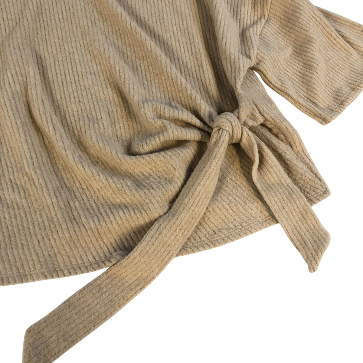 River Island Ribbed Tie Front Top Women Beige Bell Sleeve Casual Wear
