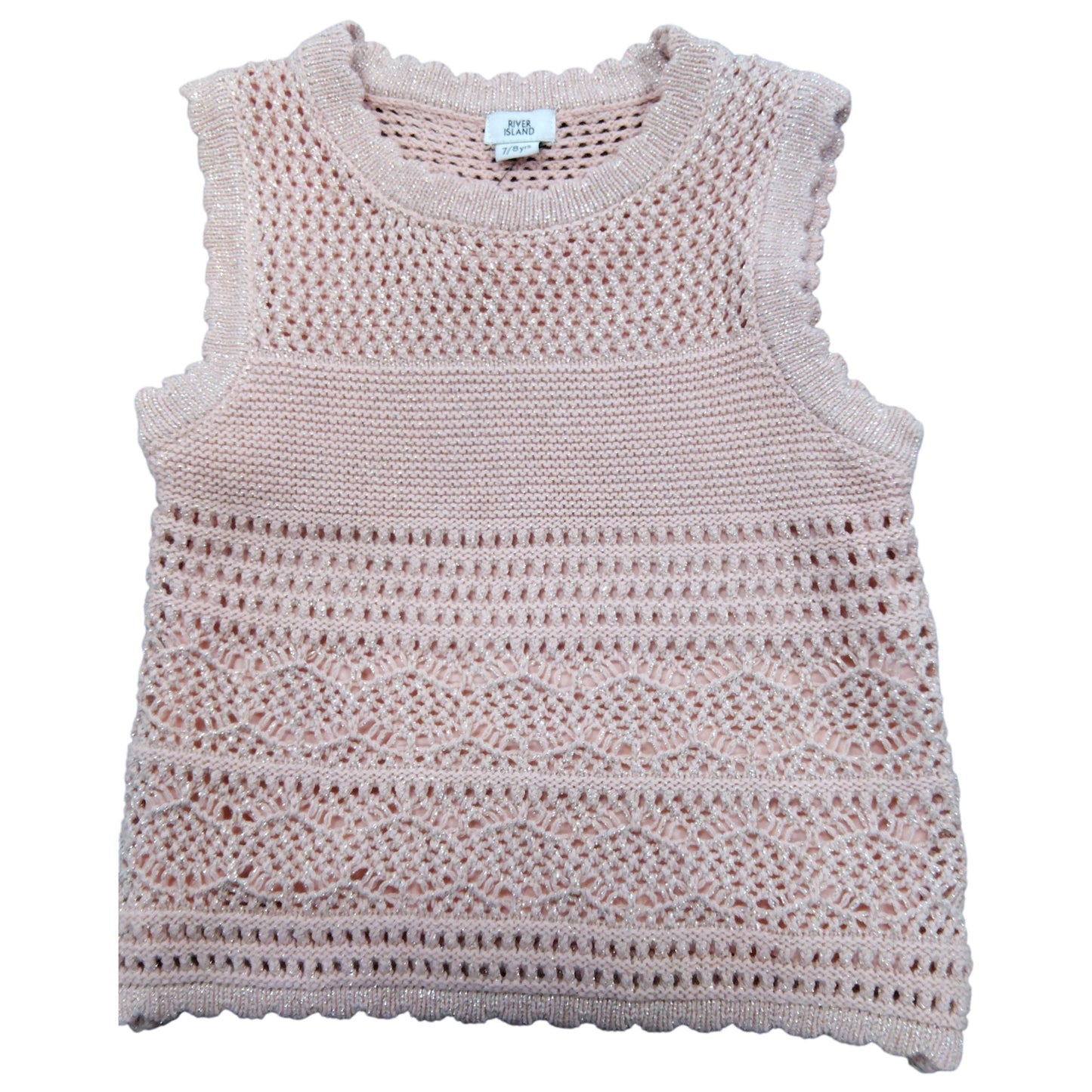 River Island Pink Crochet Knit Jumper UK7-8 Years Girls Sleeveless Top