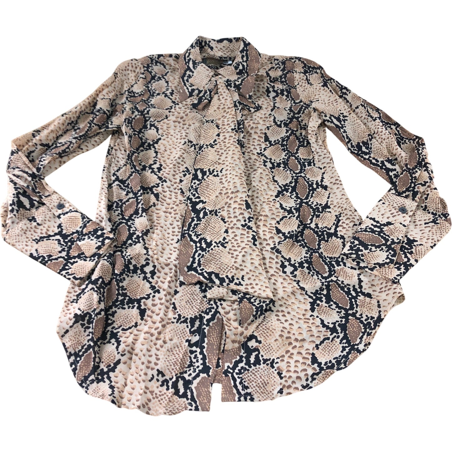 Branded Snake Print Tie Neck Blouse - Size 8