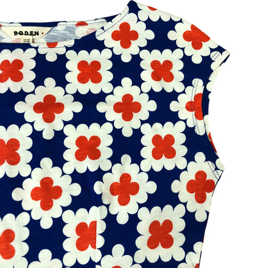 Geometric Print Dress UK14 Women’s Short Sleeve Cotton Blue White Red