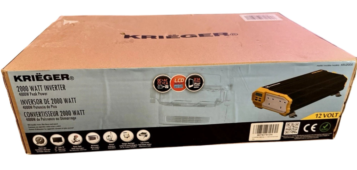 Krieger 2000 Watt Inverter 4000W Peak Power 12V DC to AC Converter LCD Display