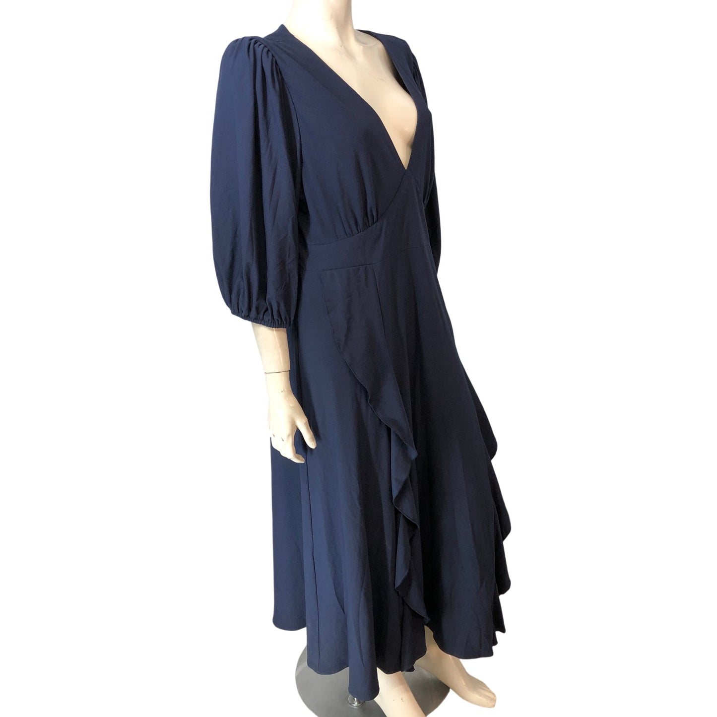 Little Mistress Iska Navy Blue Dress UK20 Women's V Neck Puff Sleeve Ruffle Long