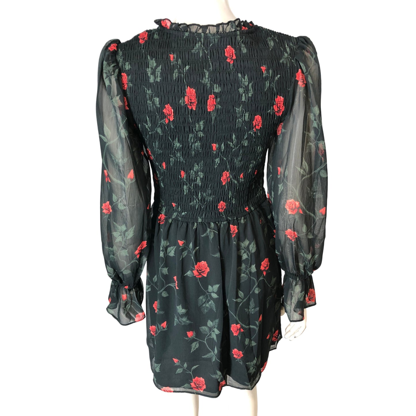 Floral Smock Dress Women's Long Sleeve UK Size 10 Black Green Red Flowers
