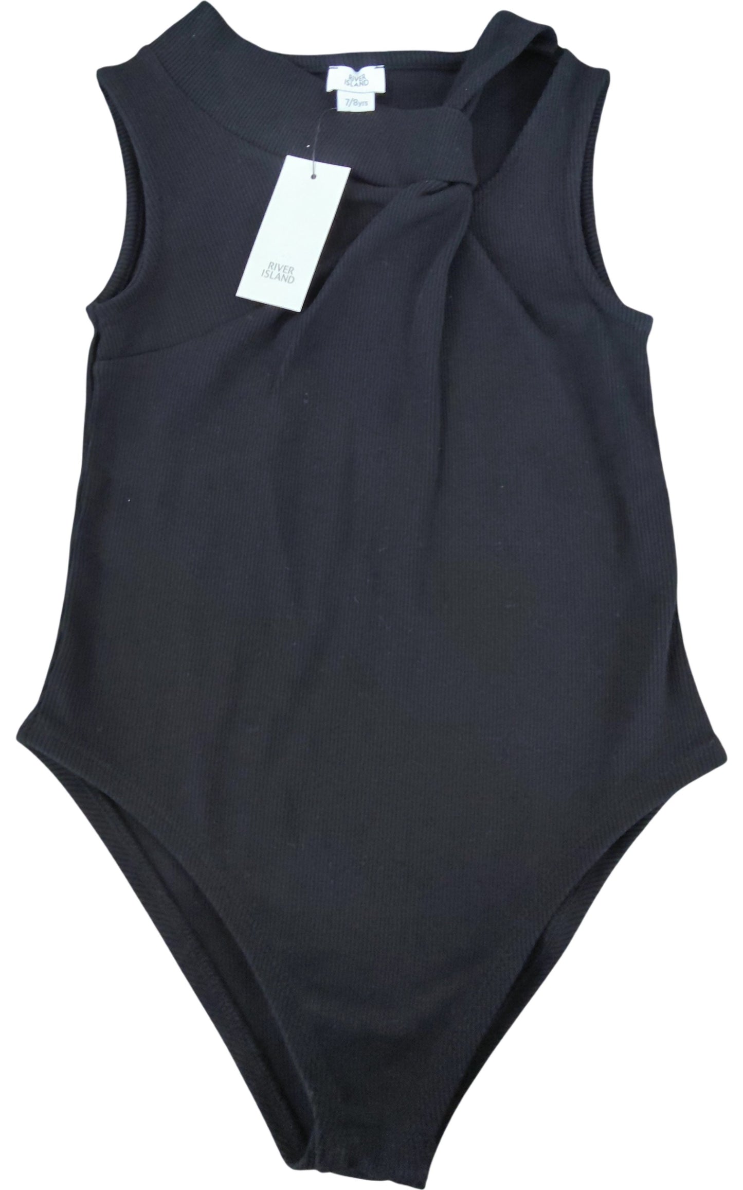 River Island Women's Black Ribbed Bodysuit 7-8 Years  Sleeveless Knot Detail