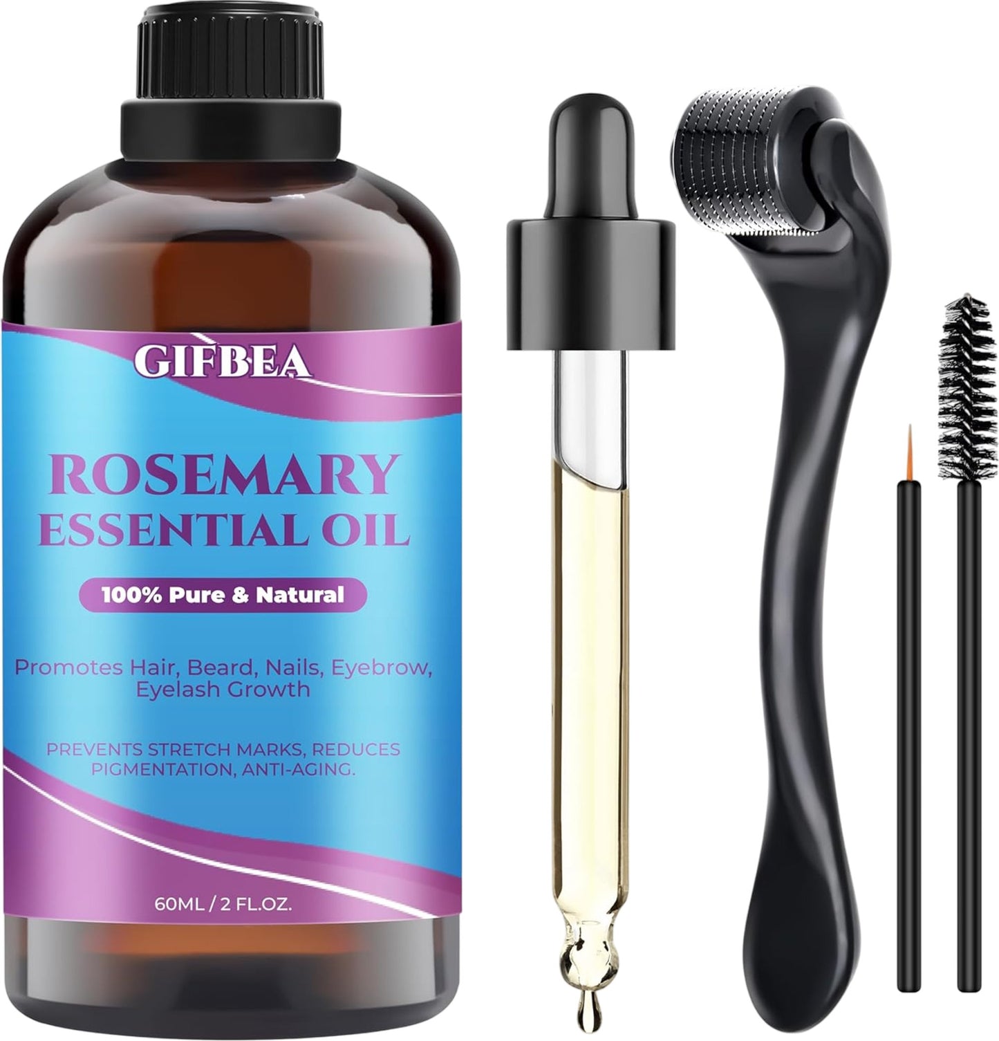 GIFBEA Rosemary Essential Oil Kit 60ml Pure Natural Hair Growth Derma Roller