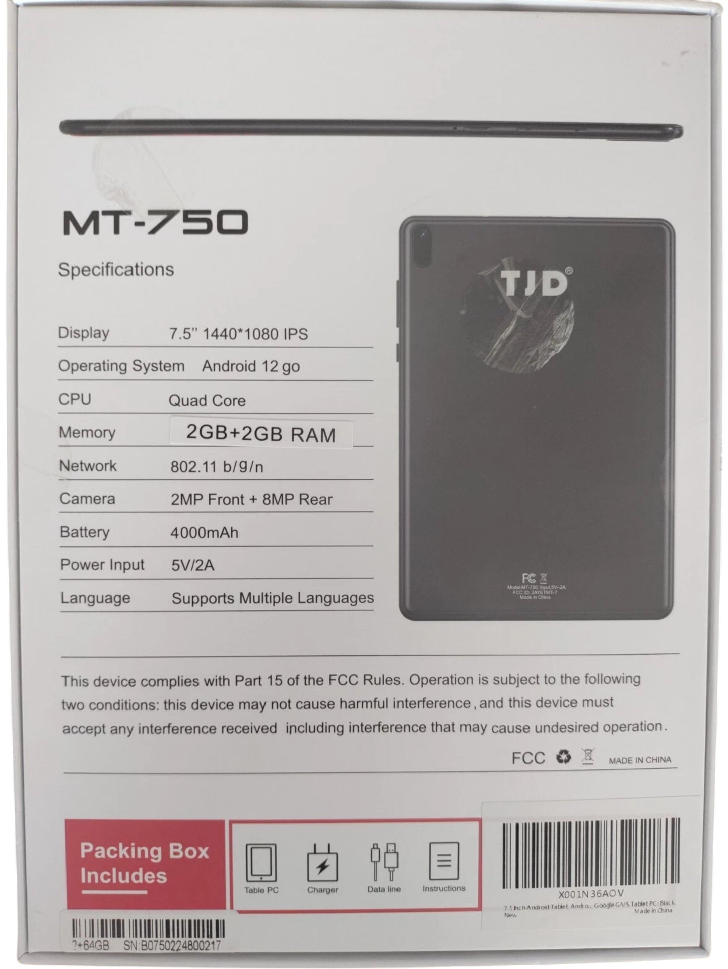 TJD MT-750 7.5 Inch Tablet 2GB RAM 8MP Camera Android 12 Long Battery Life