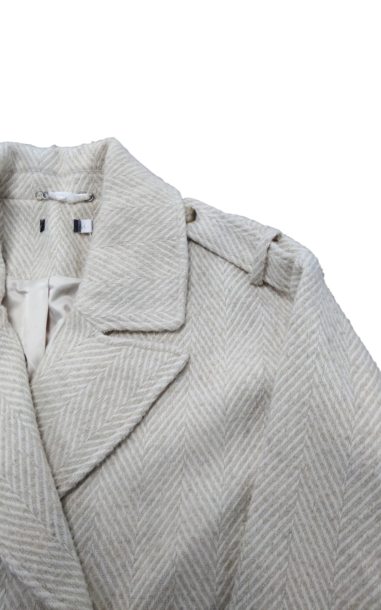 Stylish Women's Herringbone Coat Size L Warm Thick Outerwear Beige Jacket