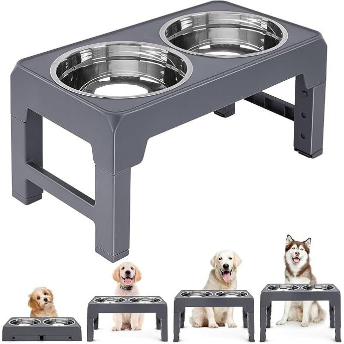 Multi Heights Folding Feeder Adjustable Dog Bowl Stand Removable Bowls Grey