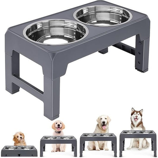 Multi Heights Folding Feeder Adjustable Dog Bowl Stand Removable Bowls Grey