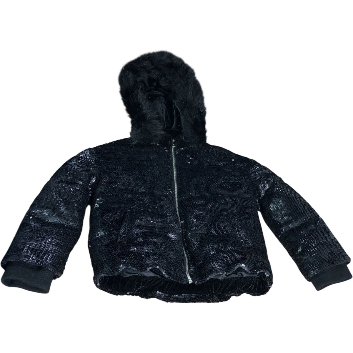 River Island Girls Black Sequin Hooded Puffer Jacket UK 7-8 Years