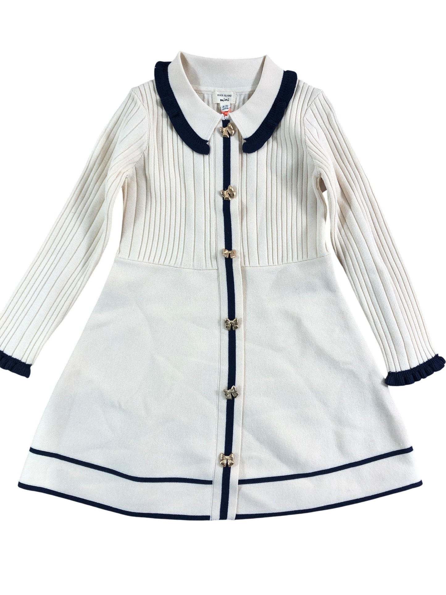 River Island Cream Ribbed Dress with Navy Trim Size 4-5 Months Girls Fashion