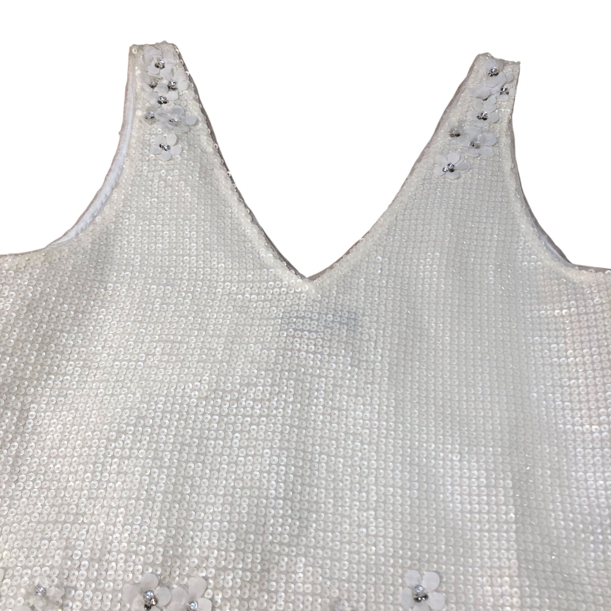 Magnolia White Sequin Dress Embellished V Neck Dress With Feathers Size M