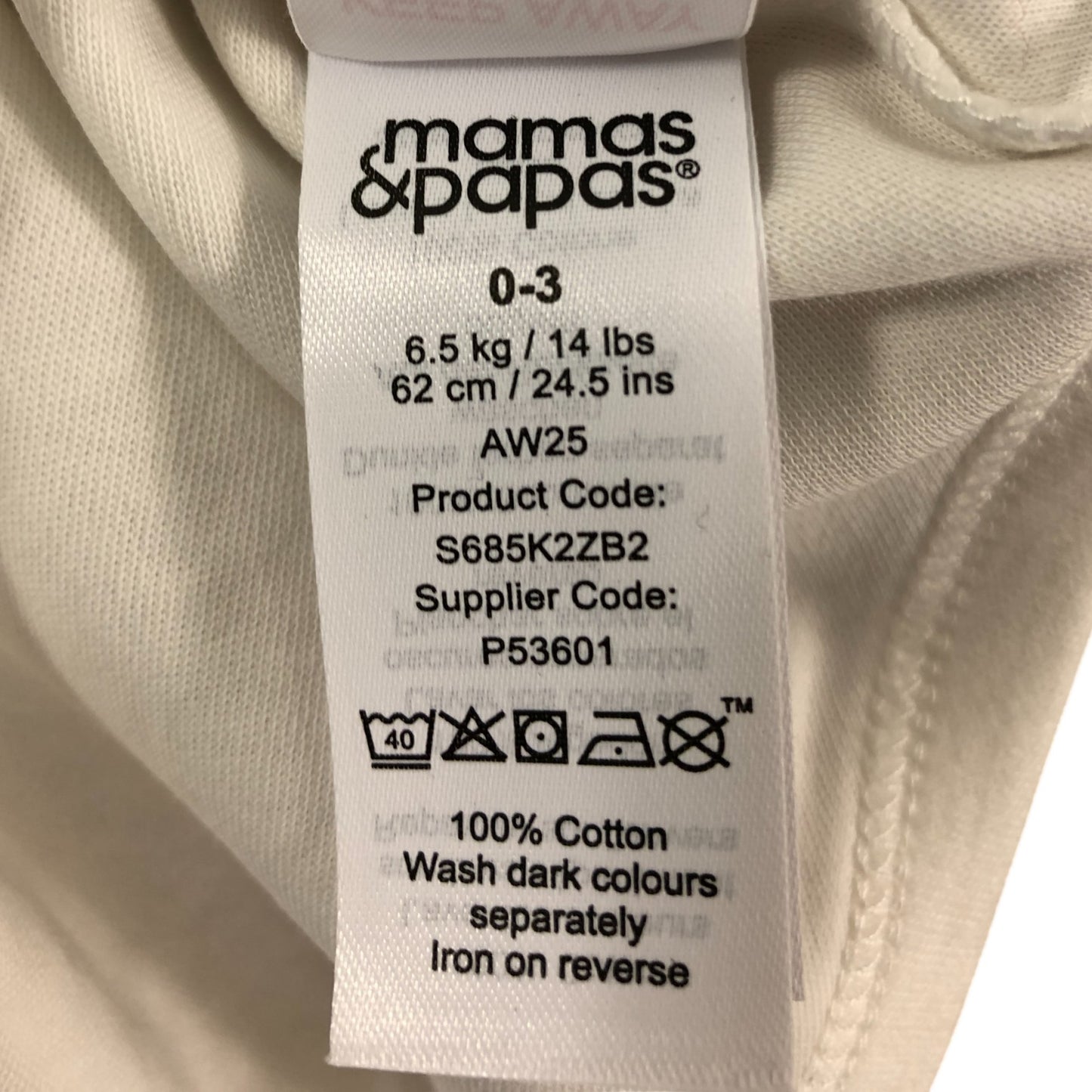 Mamas And Papas Baby Bodysuit 0 3 Months White Long Sleeve Cotton Cute Design