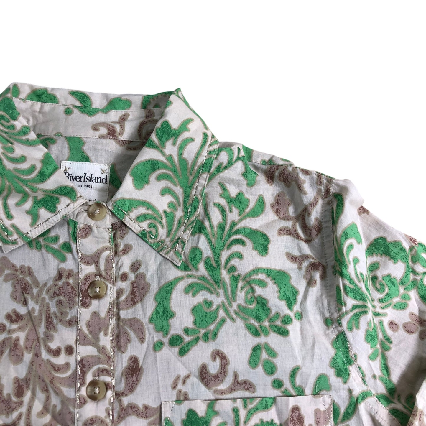 River Island Floral Print Shirt UK10 Women's Green Brown Cotton Long Sleeve