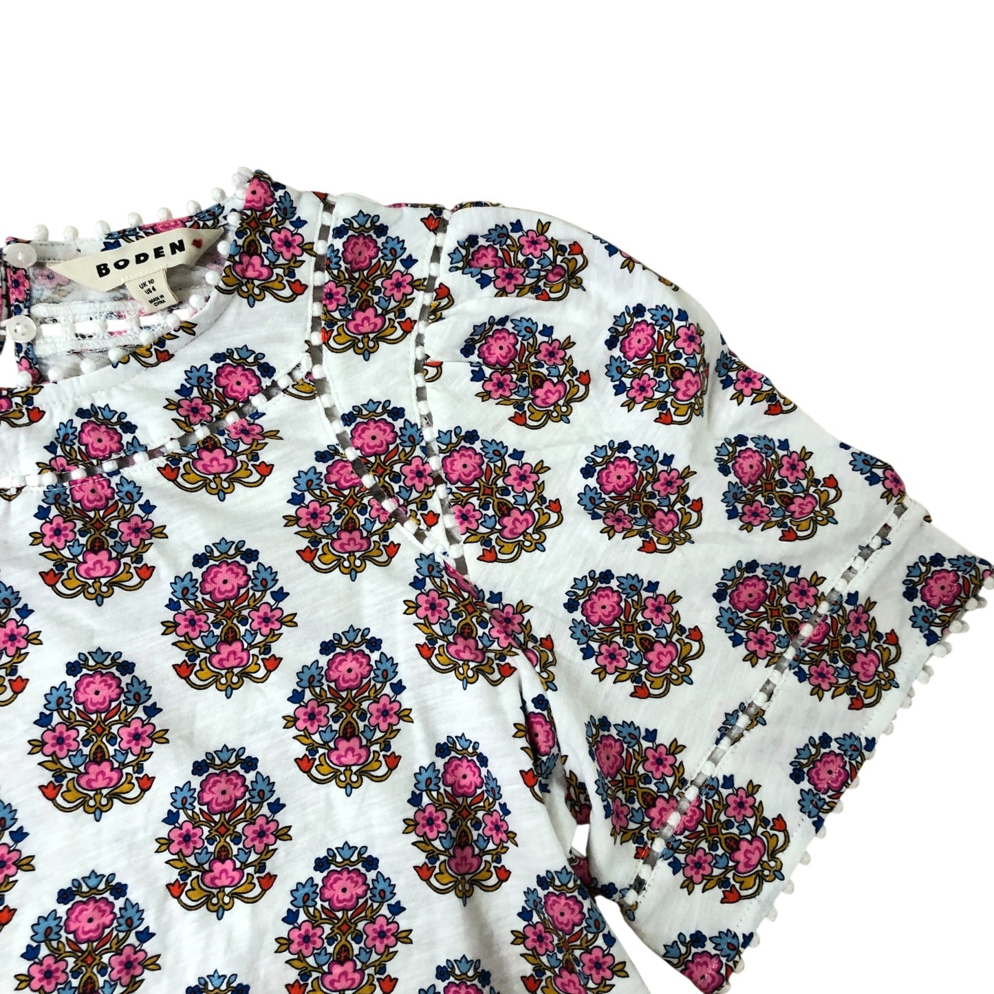 Boden Mila Trim Detail Top Women's Floral Pattern Short Sleeve Cotton Size 10