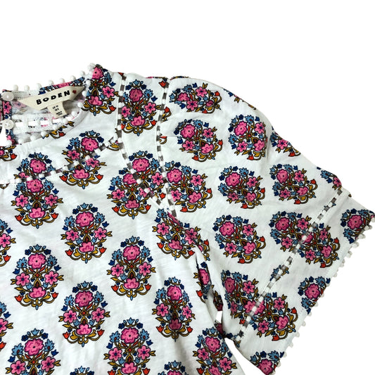 Boden Mila Trim Detail Top Women's Floral Pattern Short Sleeve Cotton Size 10