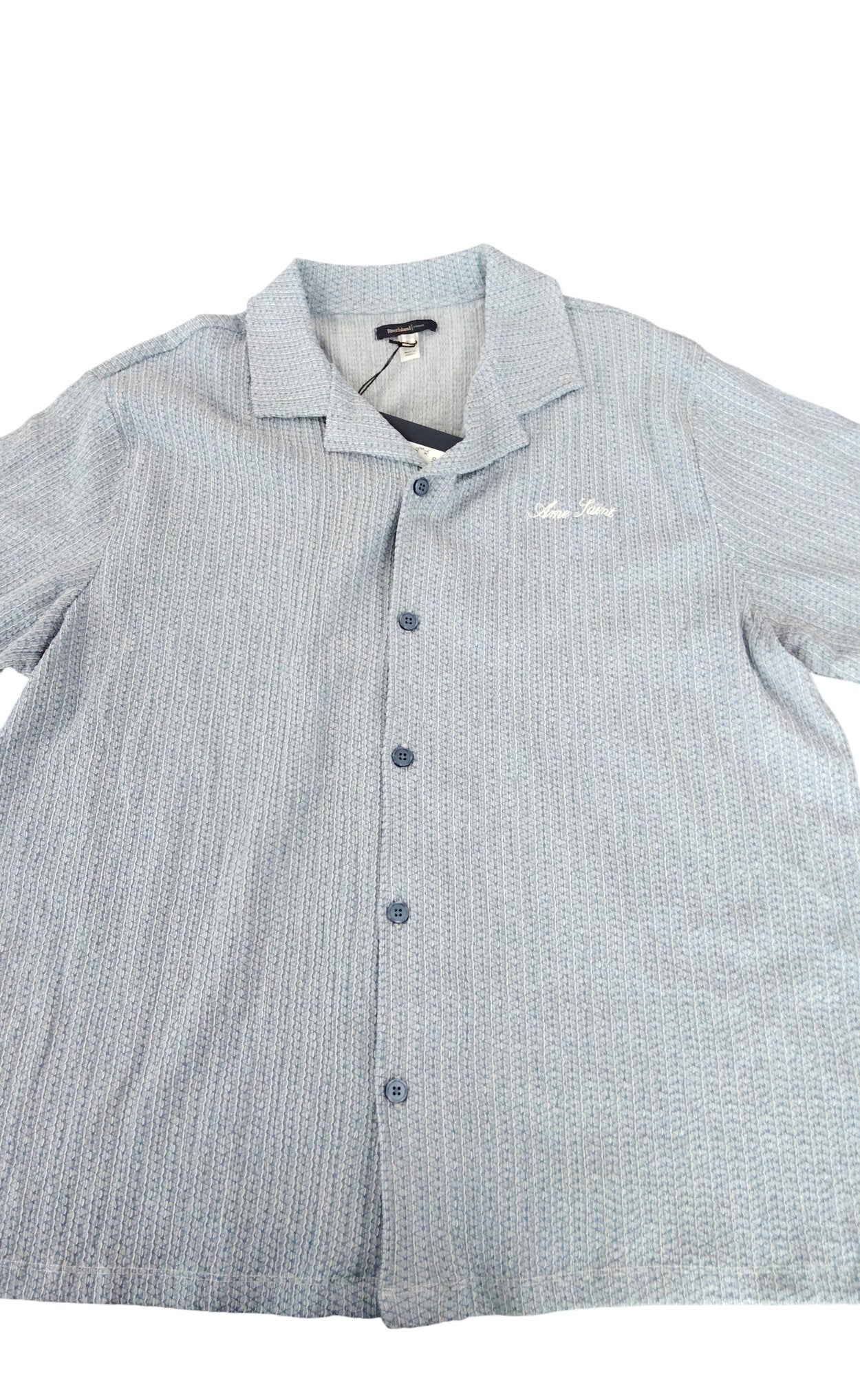 River Island Casual Shirt XL Men's Short Sleeve Waffle Texture Light Blue