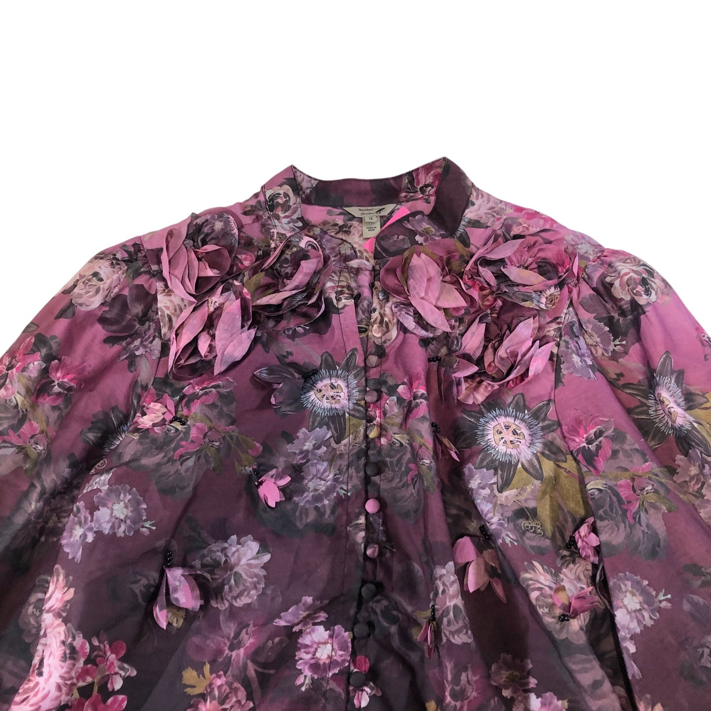 River Island Floral Print Blouse Women's Sheer Long Sleeve Purple Top UK18