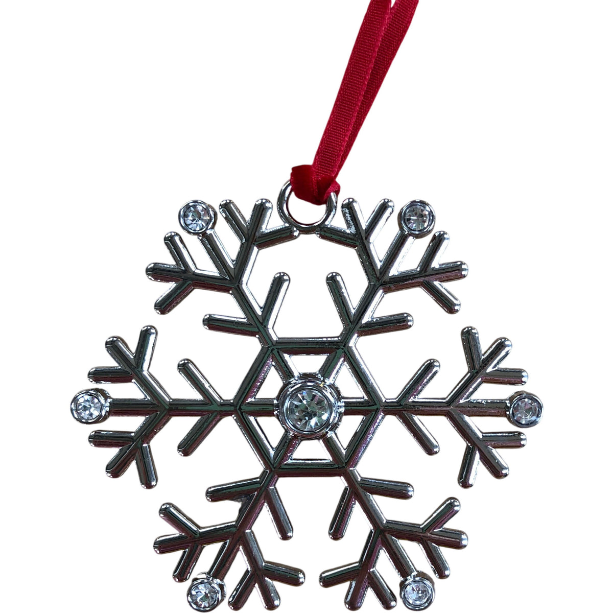Shiny Snowflake Christmas Ornament Red Ribbon Holiday Decoration