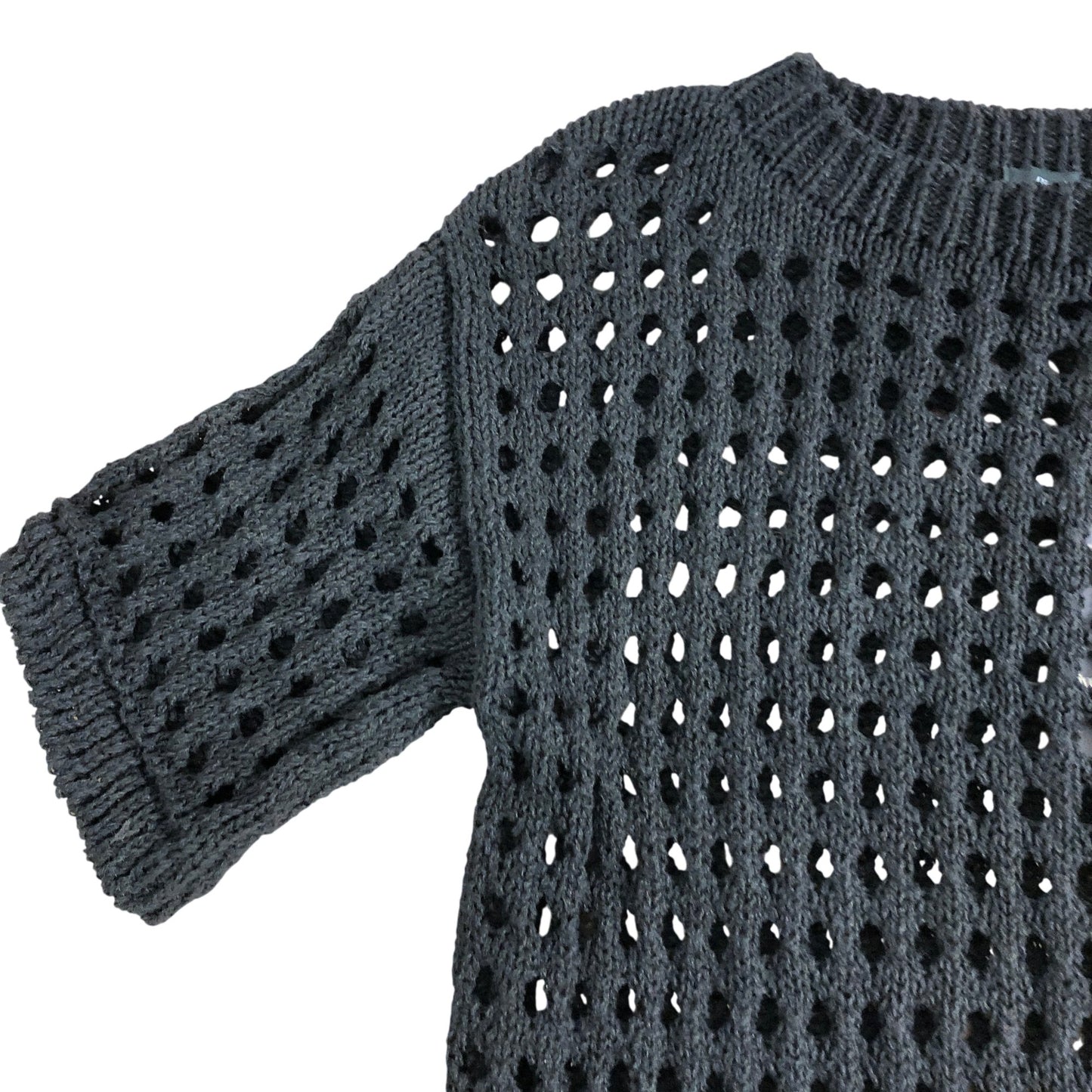 River Island UK XS Women's Black Knit Crop Top Short Sleeves Open Weave