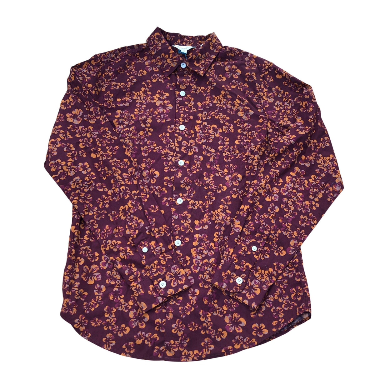 Autumn Floral Print Long Sleeve Shirt Classic Fit Deep Red Size S