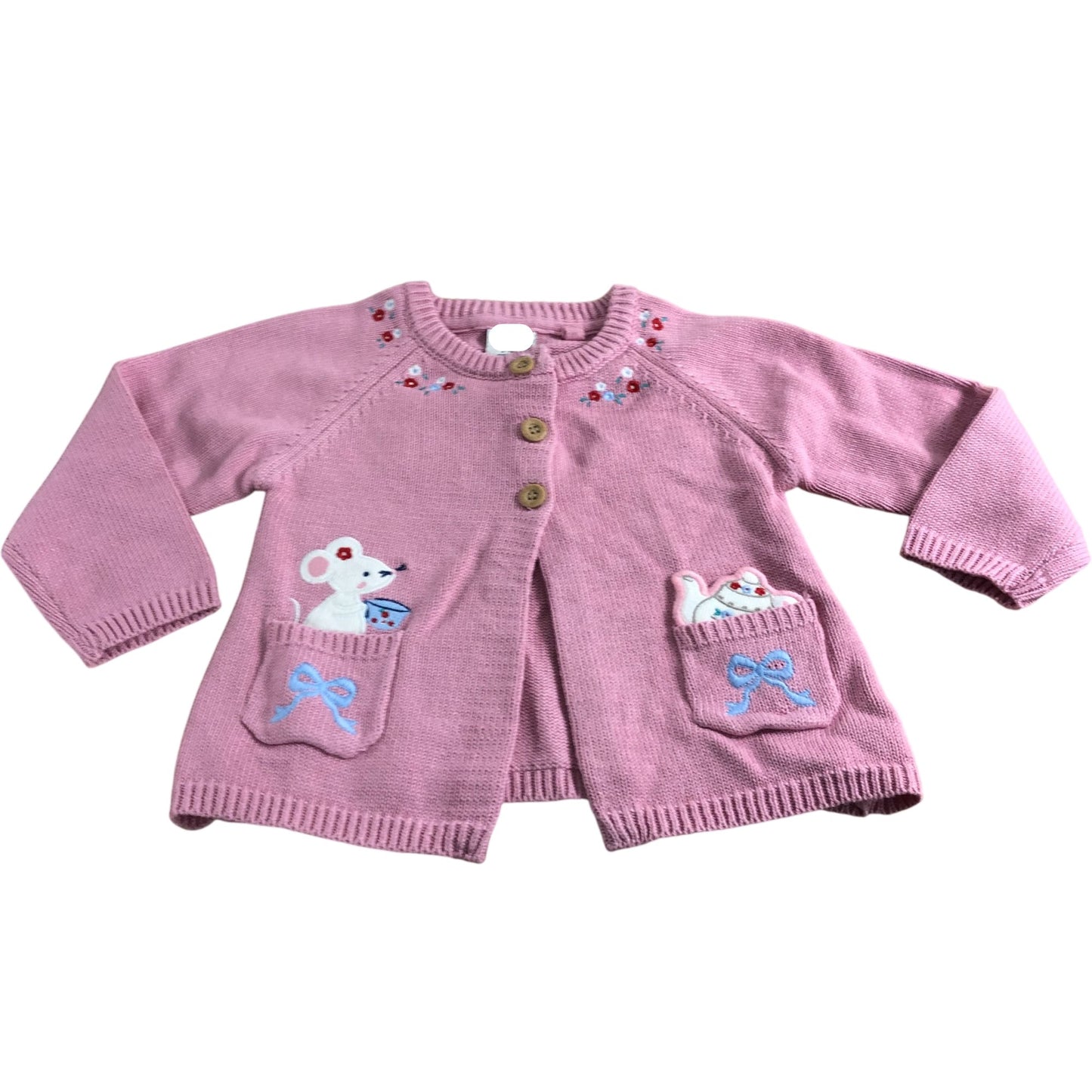 Girls Pink Mouse Pet Teapot Pocket Appliqué Cardigan 4-5 Years