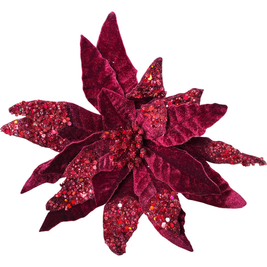Artificial Red Velvet Floral Decoration Sparkling Poinsettia Plant
