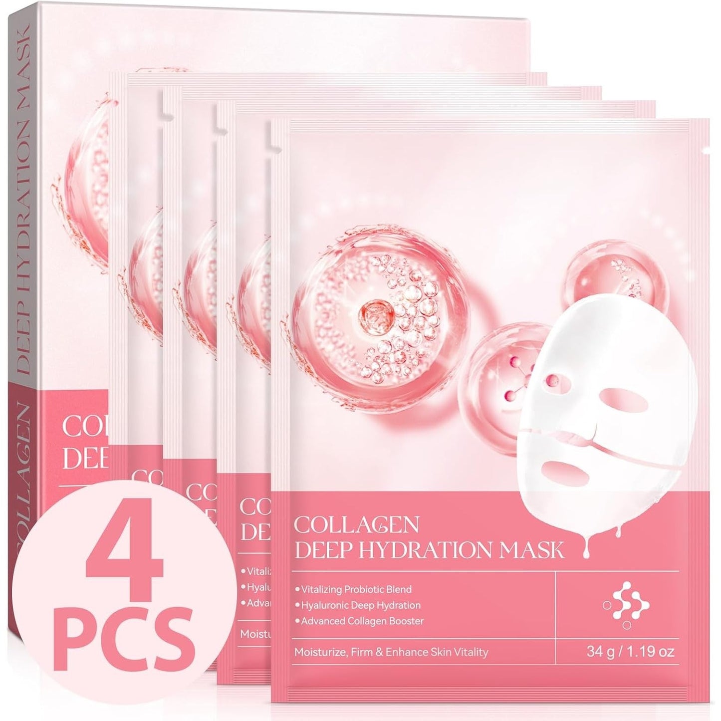 Collagen Deep Hydration Mask 34g Pack of 4 Hydrating Anti Ageing Facial Masks